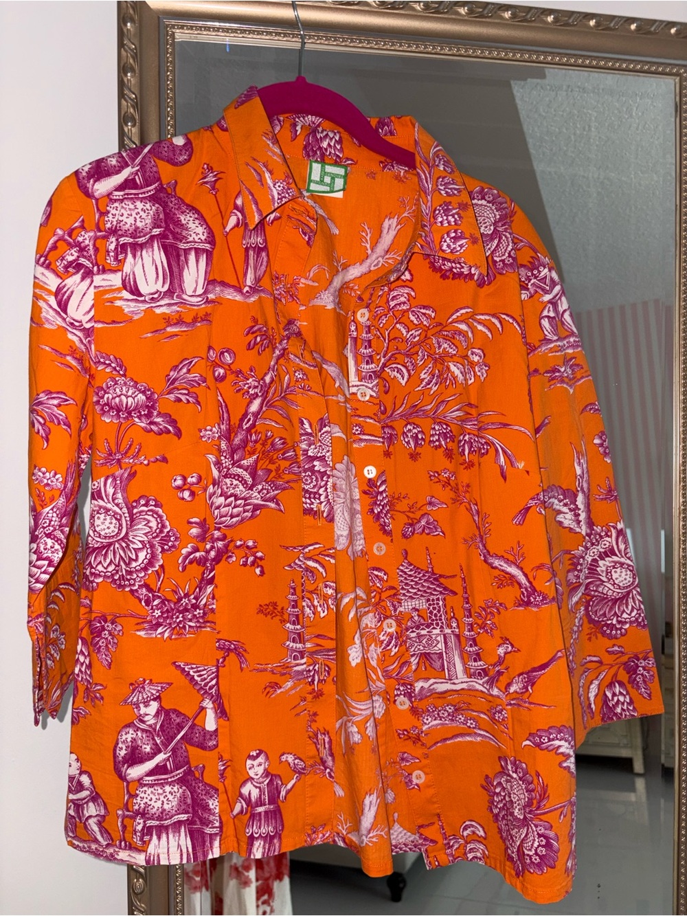 Orange & Pink Toile Scenic Print Button-Up Shirt 8
